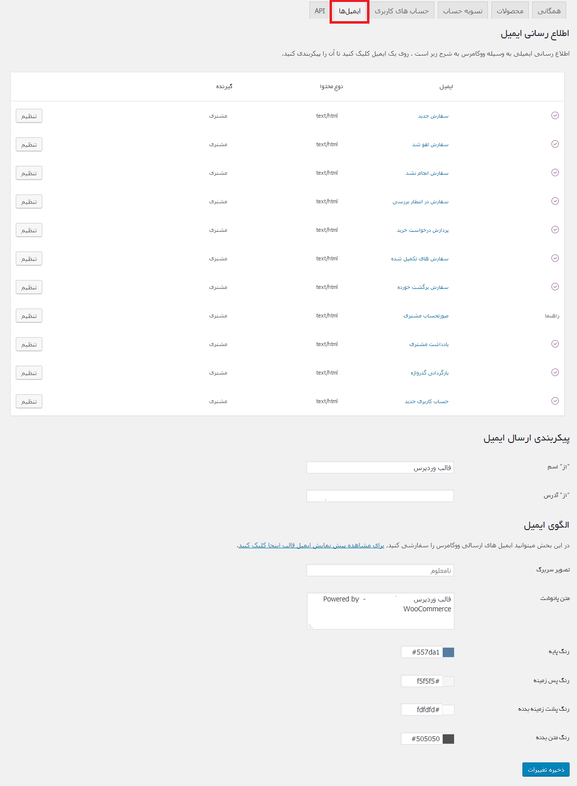 ایمیل ها - ویرایش قالب ایمیل در ووکامرس